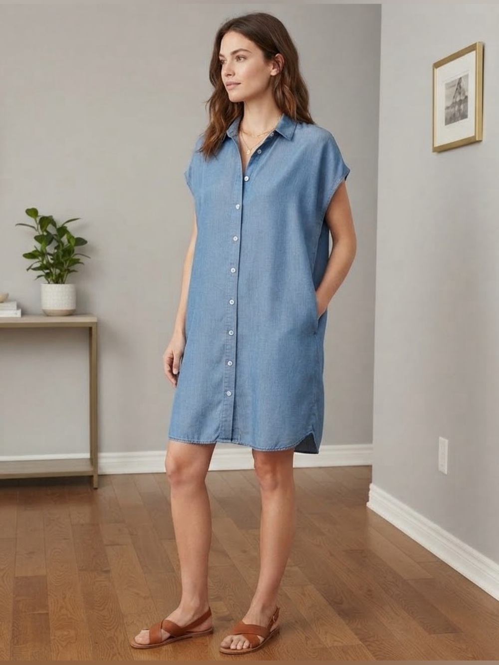 ZARA Basic Chambray Button Front Shirt Dress with Extended Sleeves - Blue Size M
